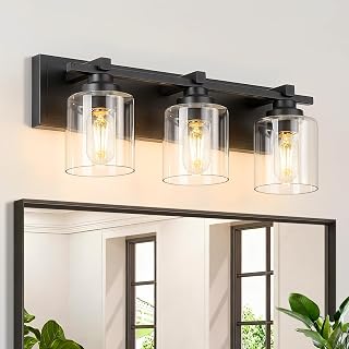 Modern Bathroom Light Fixtures Over Mirror, Vanity Lights for Bathroom Wall Sconces with Clear Glass Shades, E26 Socket (Bulbs Not Included), 3 Light, Black