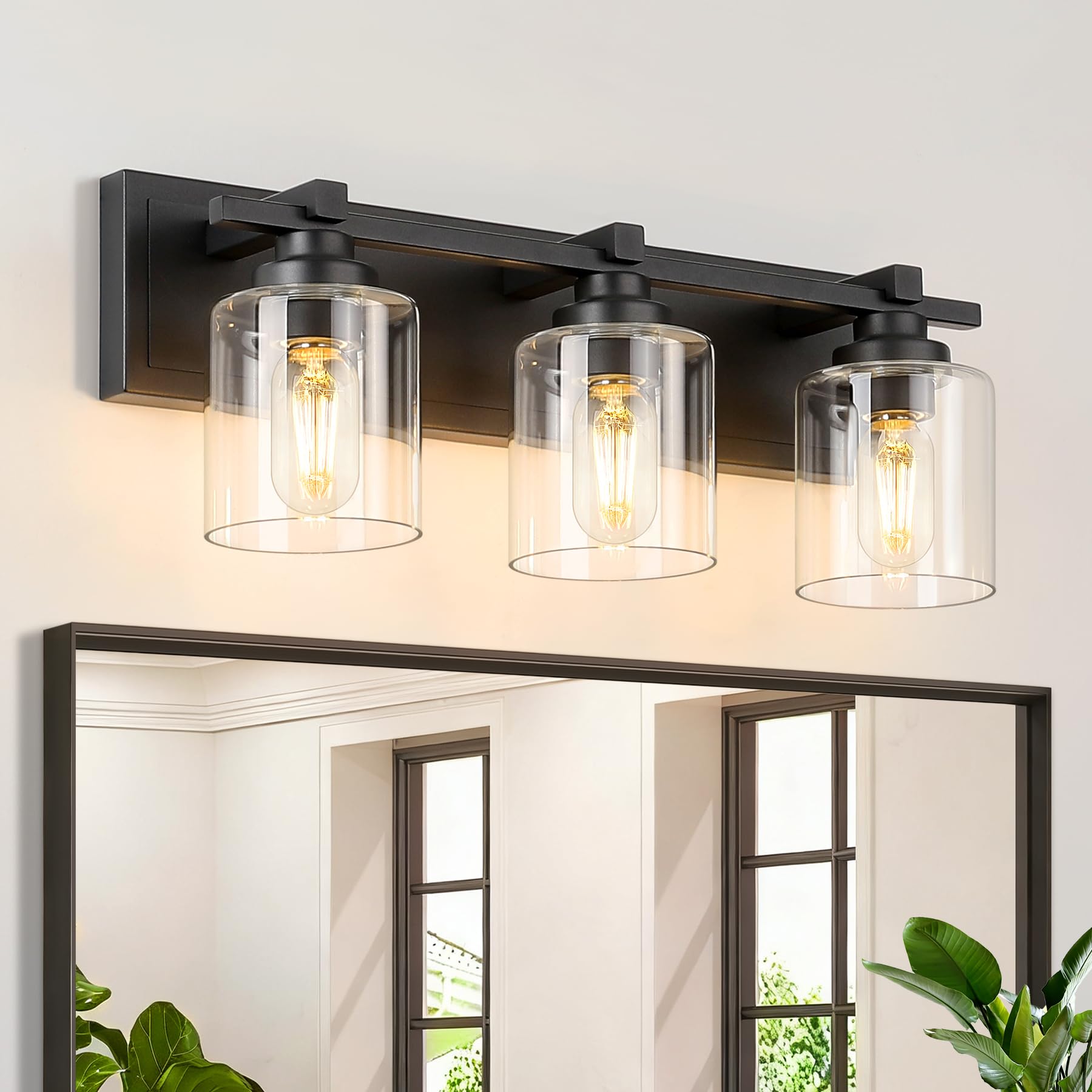 Photo 1 of BrkNit Modern Bathroom Light Fixtures Over Mirror, Vanity Lights for Bathroom Wall Sconces with Clear Glass Shades, E26 Socket (Bulbs Not Included), 3 Light, Black