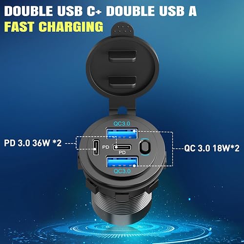 2-PACK Waterproof 90W Car Charger with 4 Ports: Dual USB-C PD 36W & QC3.0 12V Power Socket with Switch and USB-C Cable Suitable for Car, Boat, Motorhome, Truck, Motorbike and Caravan - 3