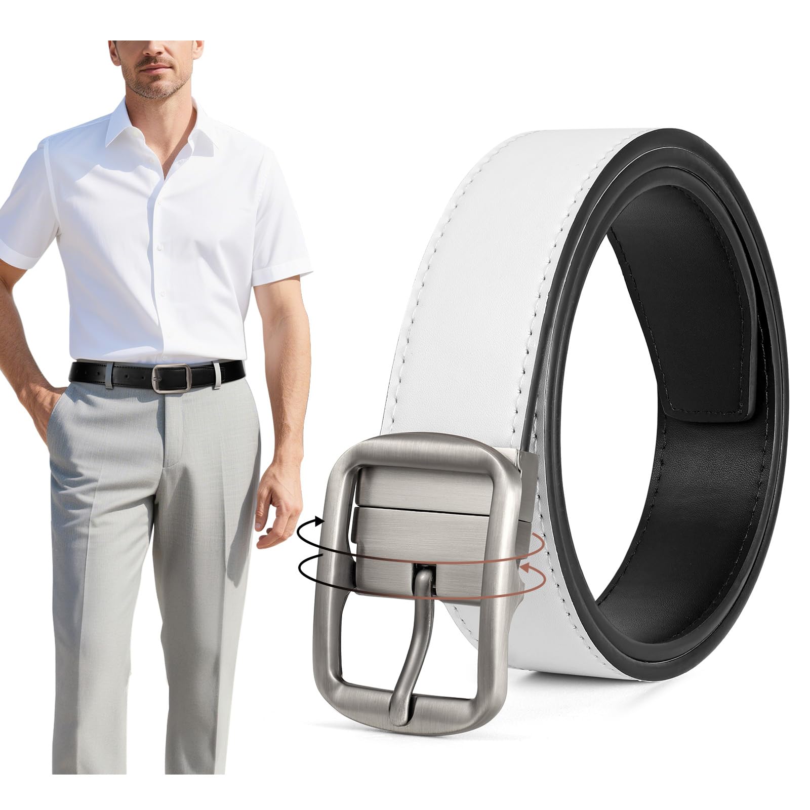 SANSTHS Reversible Leather Belts for Men-Dual Sided Casual Golf Dress Leather Belt-2 Sides in 1 Belt