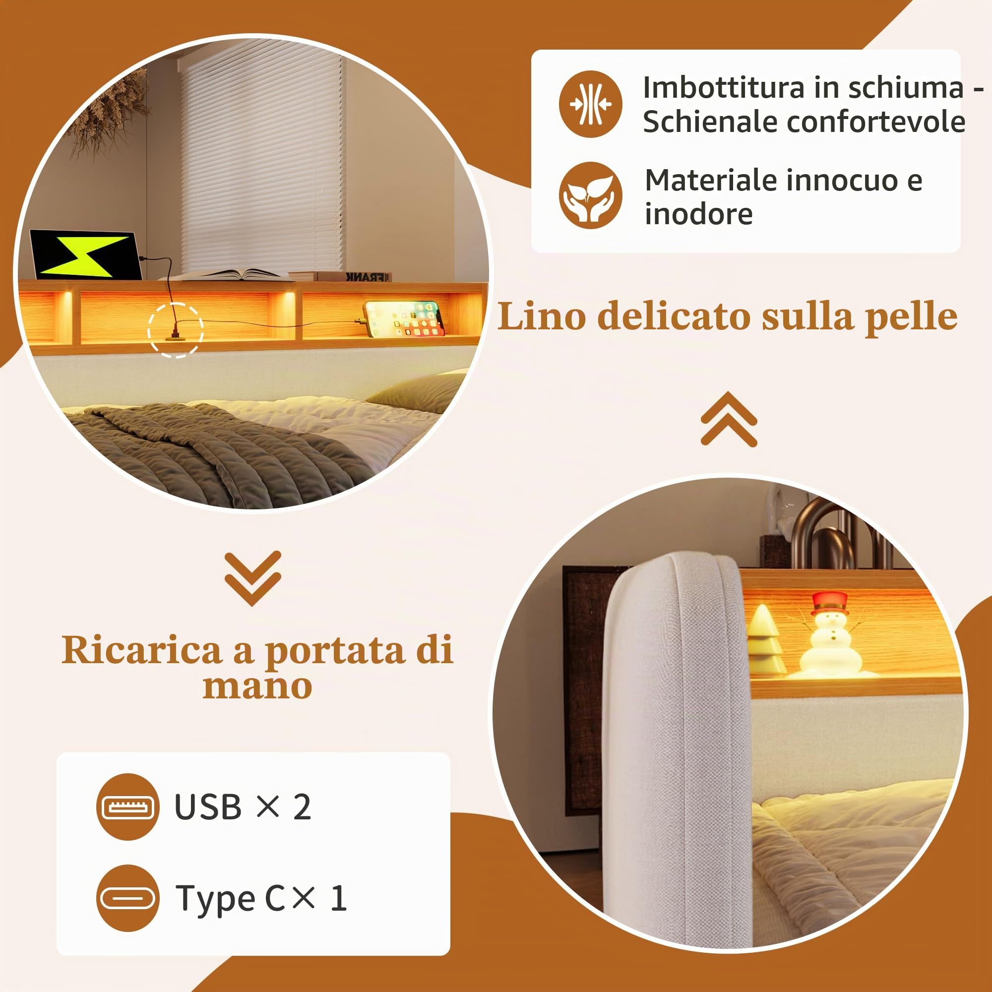 Divano Letto Imbottito 140x190 cm con LED e USB-C, Letto Matrimoniale con 2 Cassetti e Testiera Contenitore, Letto Multifunzione Struttura del letto con Rete a Doghe, Letto per gli ospiti, Beige