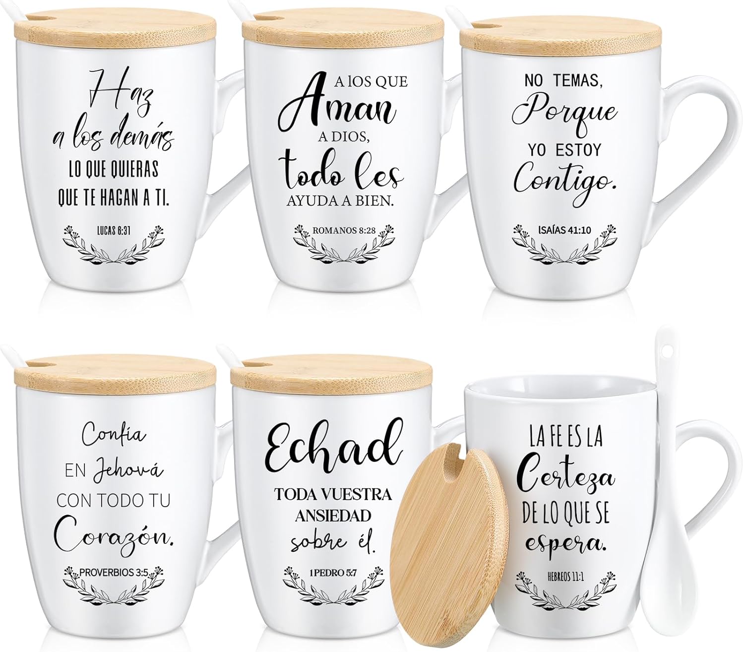 Patelai 6 Set Christian Gifts for Mothers Day Bible Verse Mugs Bulk 12oz Inspirational Religious Ceramic Coffee Mug with Lid Handle Spoon for Sunday School Church Men Women Coworker(Spanish)