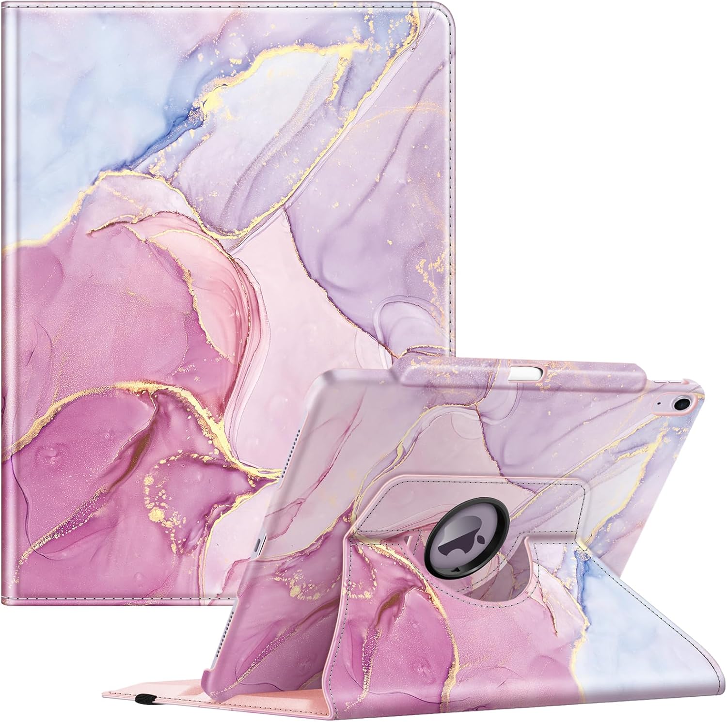 Fintie 360 degree rotating case for iPad Air 13-inch in Glorious Marble pattern, shown closed and open in stand mode.