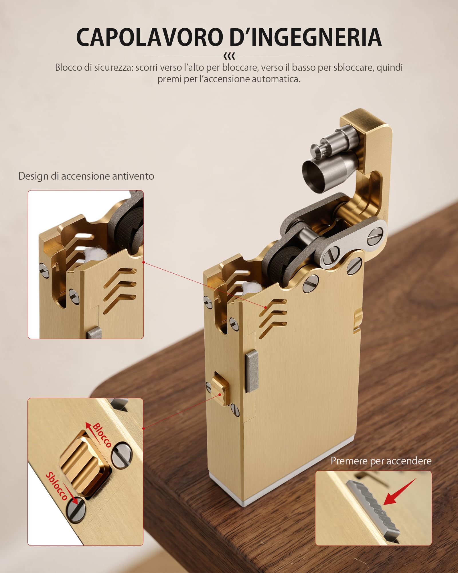 Thorens - Accendino a espulsione a cherosene, stile vintage, in ottone, classico, con fiamma morbida, riutilizzabile, antivento, regalo di lusso per uomini, campeggio all'aperto