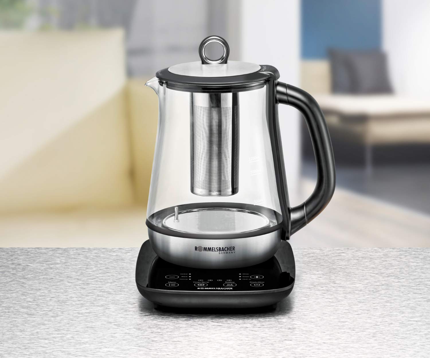 ROMMELSBACHER Tee- und Wasserkocher TA 2000-6 Programme, Temperaturregelung von 50-100 °C, Schnellstart-Taste, Ziehzeit bis 10 Minuten, Warmhaltefunktion, Glaskanne, Edelstahl-Teesieb, 2000 Watt