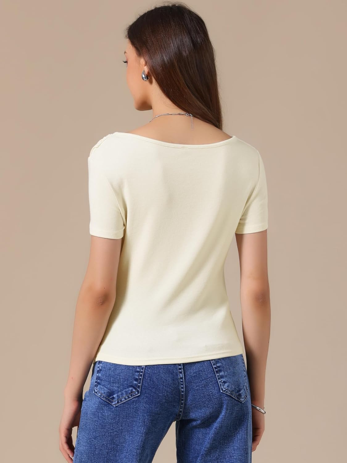 Allegra K Short Sleeves Top for Women Ruched Going Out Crop Shirts Slim Fit Basic Tee Blouse - Image 2