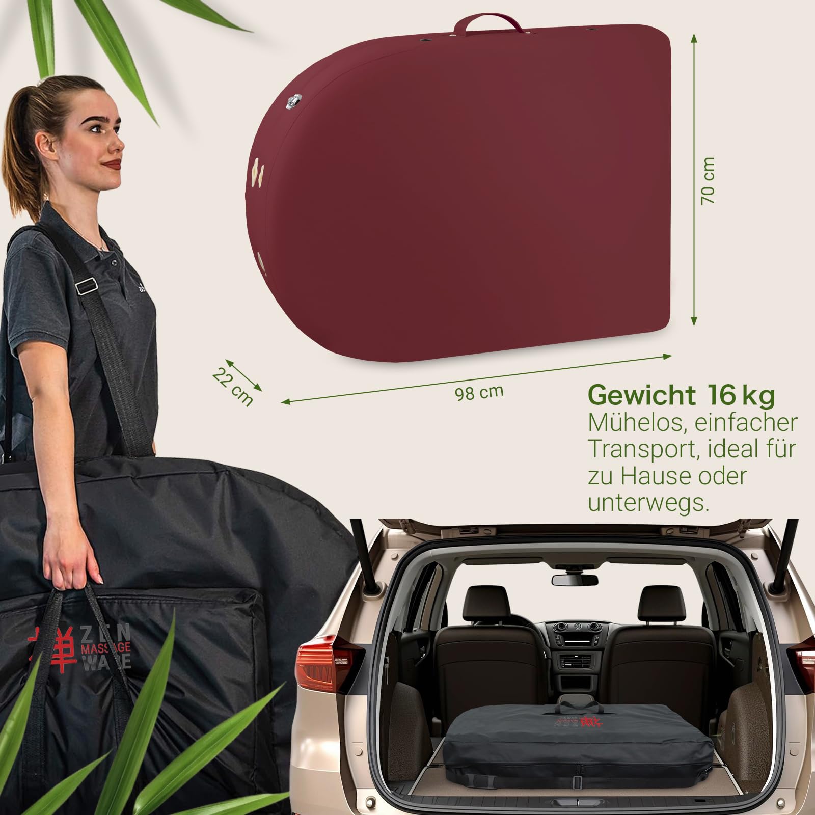 ZEN Oval Massageliege – Klappbar, Höhenverstellbar (64–85 Cm), 195x71 Cm – Inkl. Tasche, Kopfteil, Armlehne