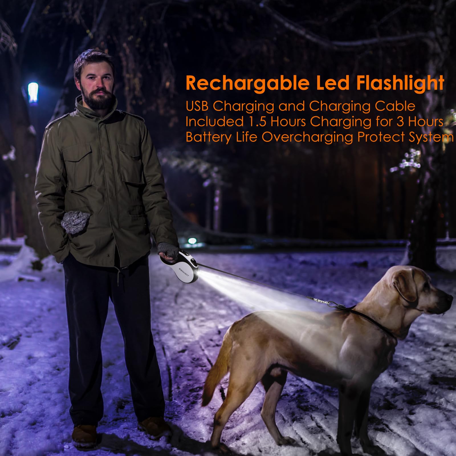 Correa retráctil para perros con cable resistente a mordeduras y linterna led, 5 m, para perros medianos y grandes hasta 50 kg, giro 360° sin enredos, alta resistencia, blanco
