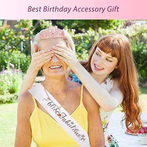 Miniatura 5 de MEANT2TOBE Banda y tiara de cumpleaños número 60 para mujer, fabulosa banda con purpurina + flores de diamantes de imitación rosa tiara de metal