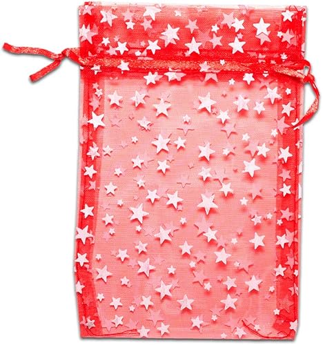 Miniatura 2 de The Display Guys - Paquete de 100 bolsas de regalo de organza transparente de 4 x 6 pulgadas (mediana), estrellas metálicas (rojoblanco) - Recuerdos