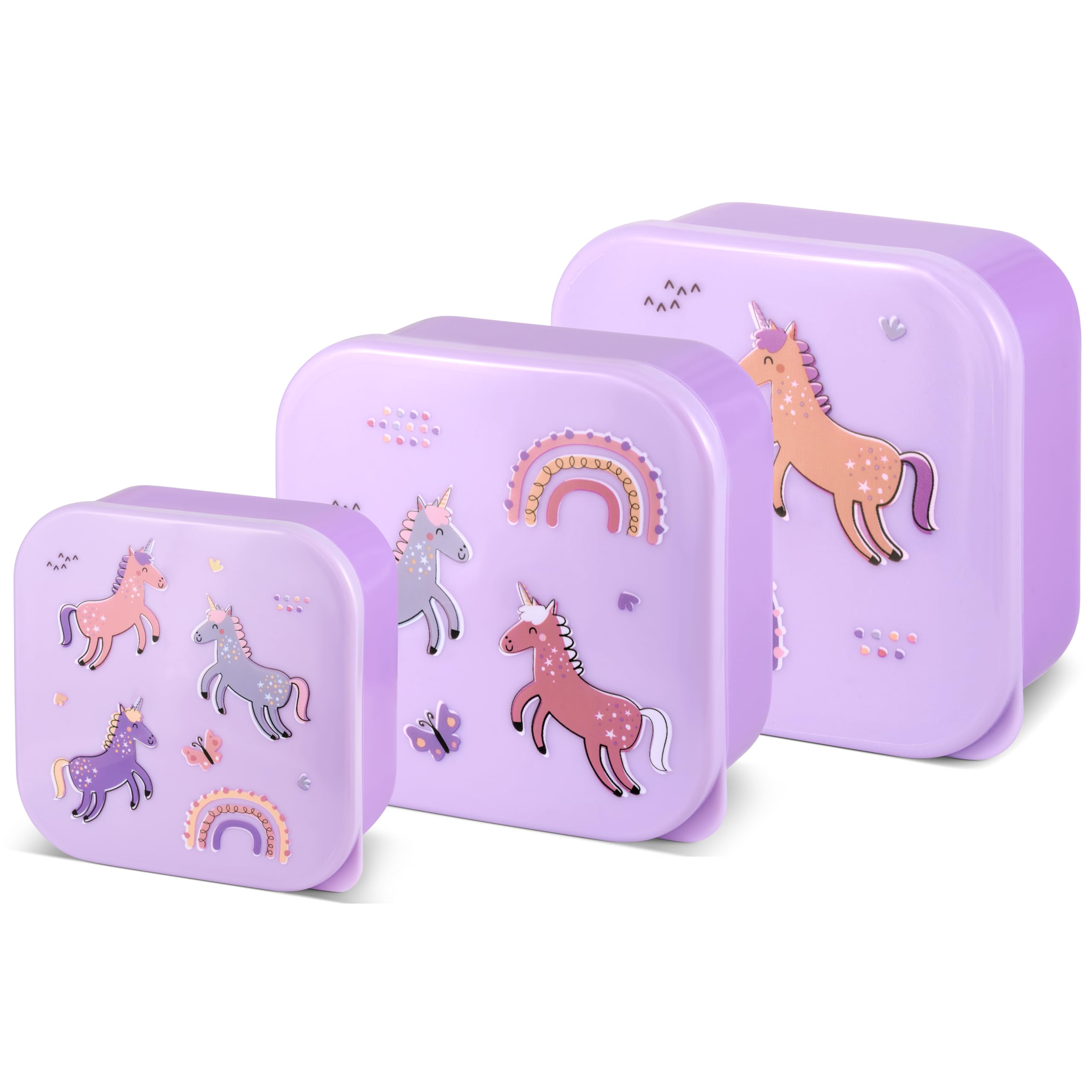 TINY TO TOTS BABY TO TODDLER Nesting Snack Pots for Kids, Purple Unicorn Snack Boxes Pack of 3 Microwave Safe BPA Free, Perfect for Snacks On The Move, Food Storage Containers (Unicorn Nested Boxes)