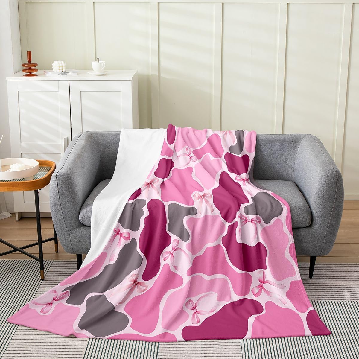 Erosebridal Pink Bow Camo Blanket Queen 90x90 Girly Army Camouflage Flannel Blanket for Bed Sofa Crib Conquette Bows Ribbon Bedroom Decor Farmhouse Bowtie Fuzzy Plush Throw