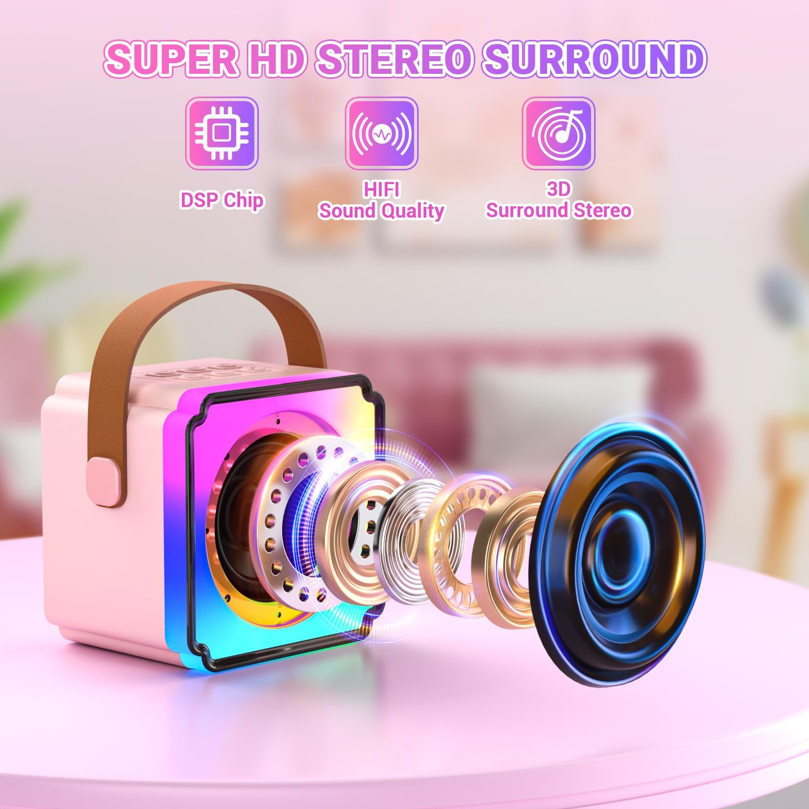 Anykuu Karaoke per Bambini con Microfono, Macchina per Karaoke Senza Fili Portatile con 2 Microfoni Wireless e Luce LED