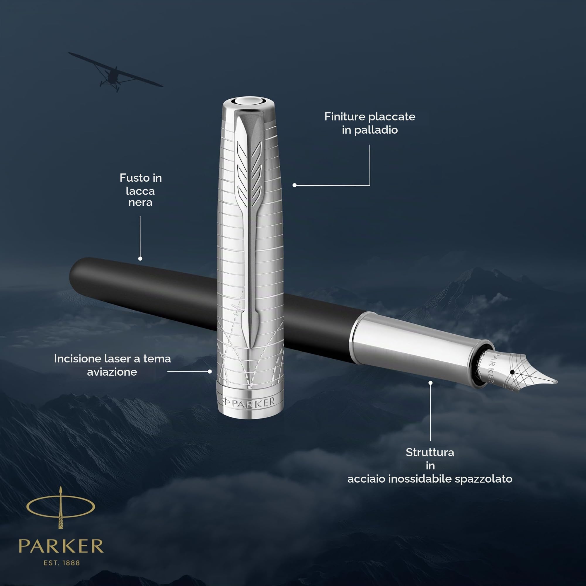 Parker Sonnet Penna Stilografica | Collezione Legacy of Flight | Pennino Medio in Oro 18k | Inchiostro Nero | Finiture Cromate | Confezione Regalo