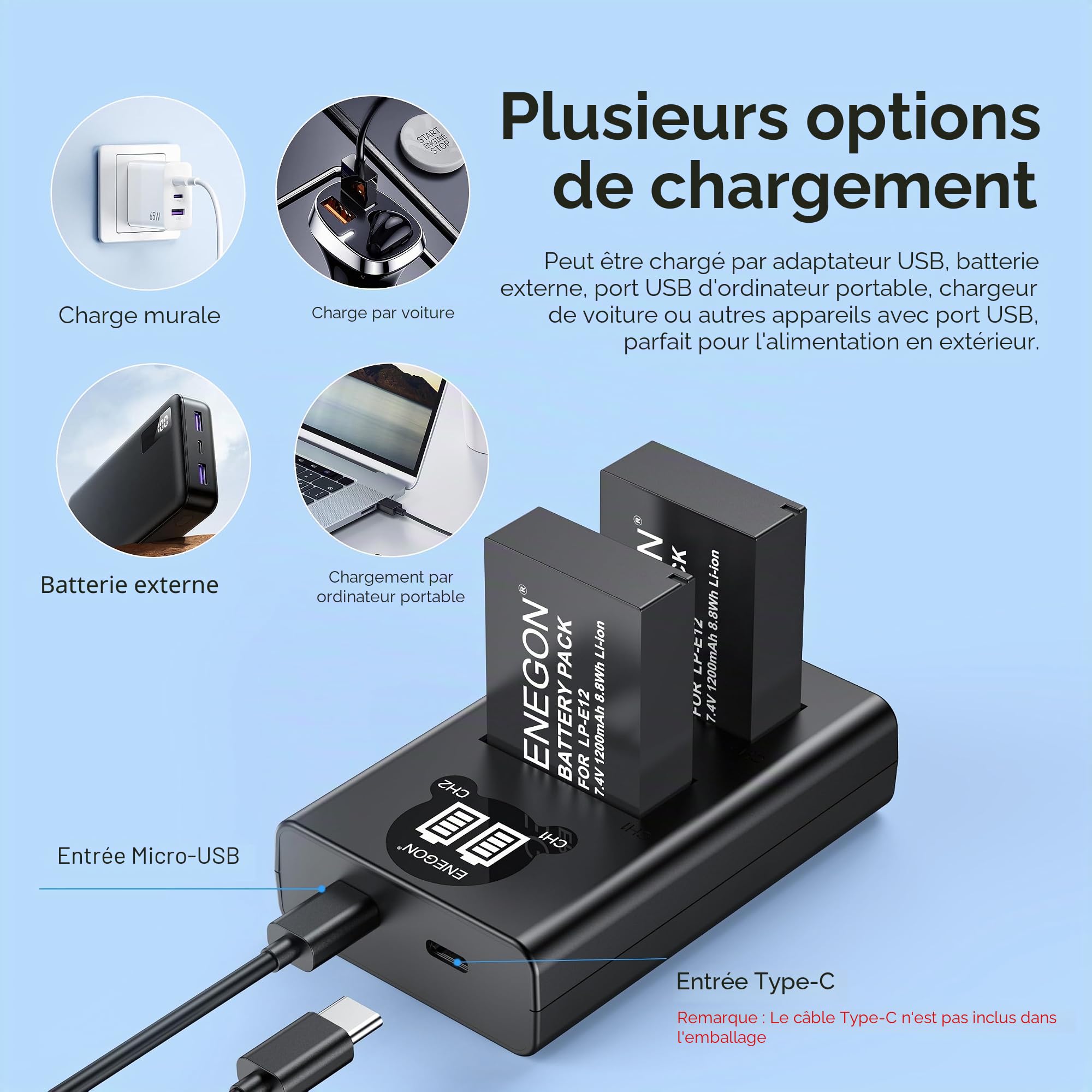 ENEGON Batterie pour LP-E12 (Pack de 2 1200mAh) et kit de Chargeur LCD compatibles avec Canon Rebel SL1, PowerShot SX70 HS, EOS M, EOS M10, EOS M50, EOS M100