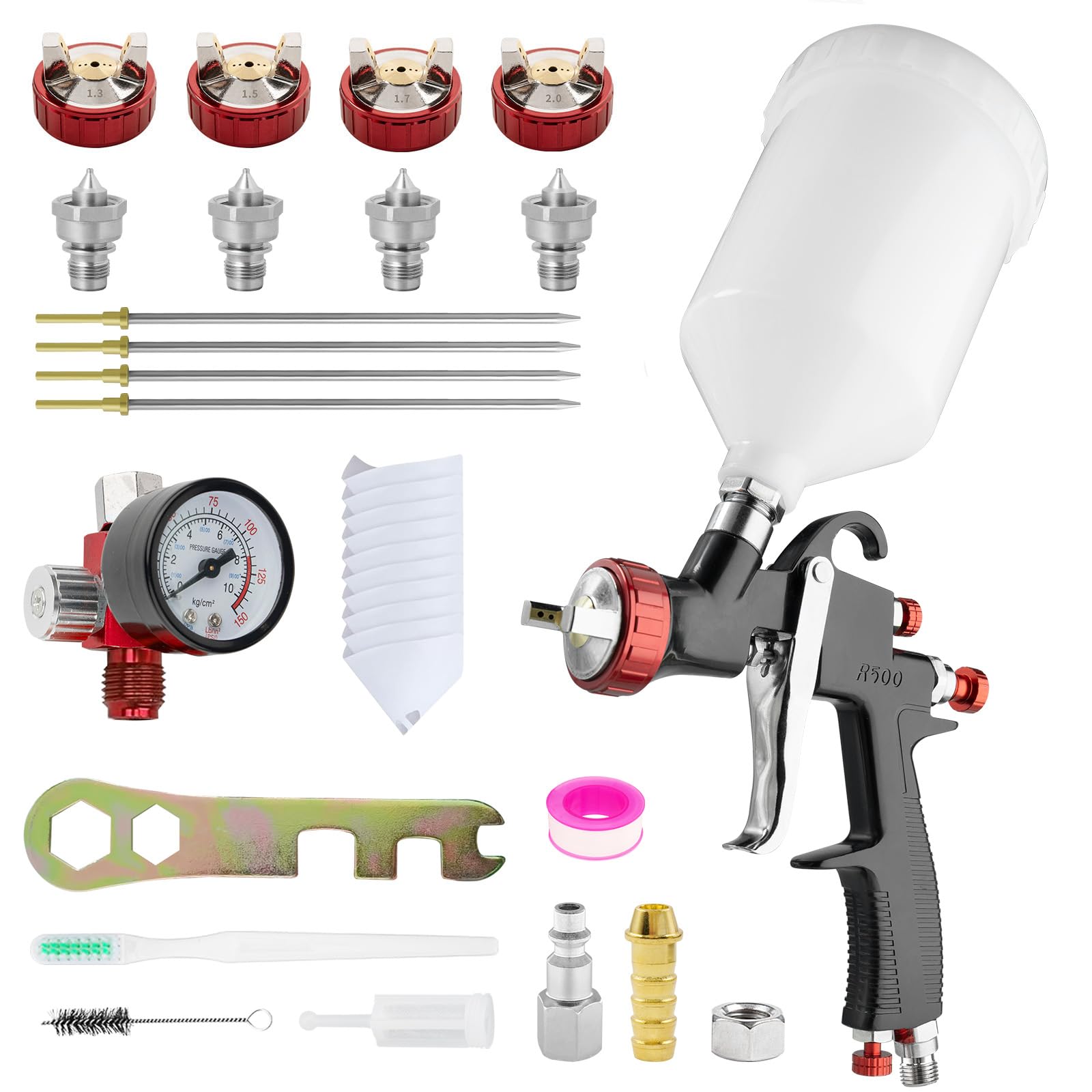 RRJ LVLP Spray Gun R500, Air Paint Gun Automotive with 1.3/1.5/1.8/2.0mm Nozzle & Air Regulator, 600cc Gravity Feed Air Spray Gun Premium Kit Auto