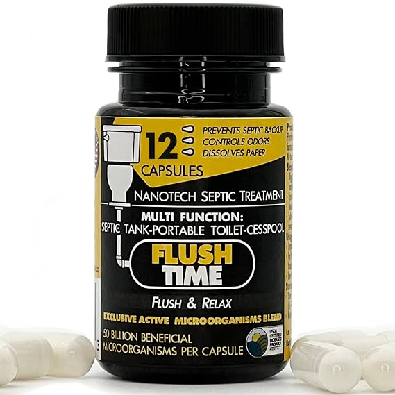 Flush Time Nano-Tech Septic Tank Treatment | Cesspool Treatment | 1 Year Supply | Industrial Strength | Ultra Concentrated Formula with +50 Billion Beneficial Bacteria per Capsule