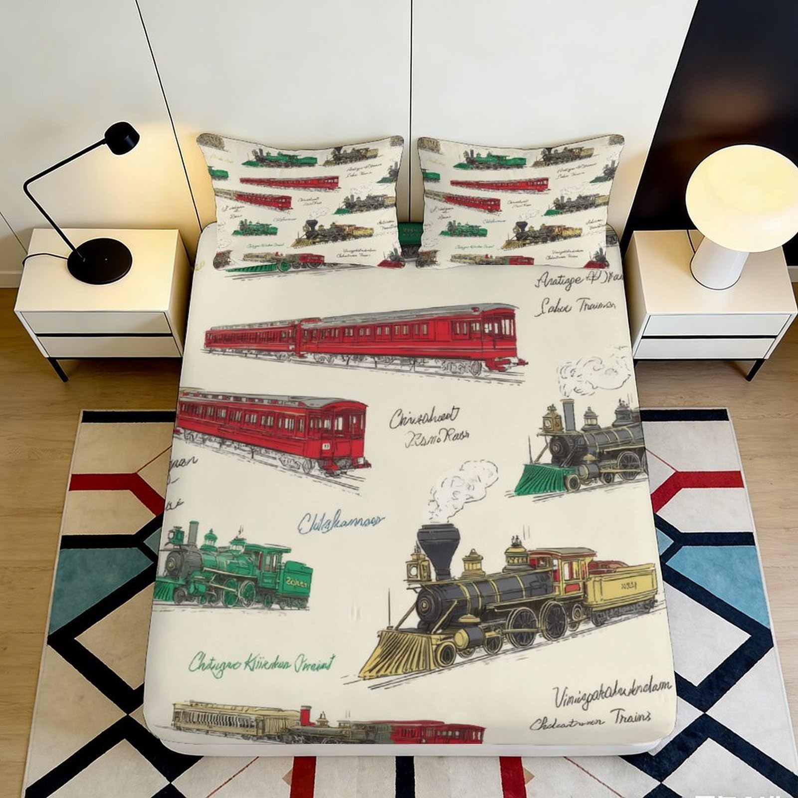 Uynsixtme Style-3 3D Printed Train Pattern Fitted Sheet Microfiber Non-Slip Deep Pocket Train Mattress Fitted Cover Full Wrap Washable For Adults Teens Bedroom 200X200x25cm