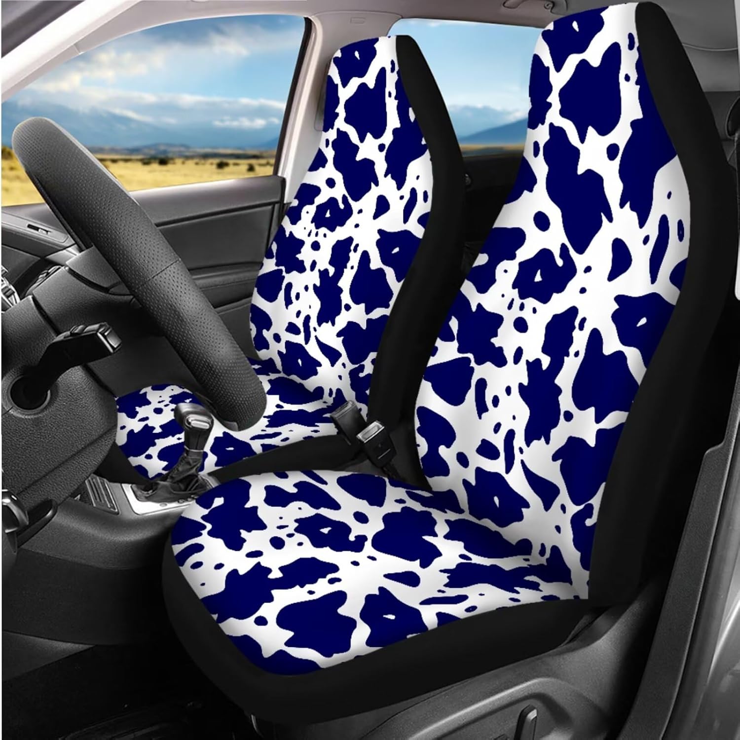 14 Pcs Blue Cow Print Car Seat Covers Full Set, Auto Steering Wheel Cover Armrest Cushion Head Rest Protector Seat Belt Covers,Car Interior Accessories Sets Unverisal Fit Cars SUV Turcks