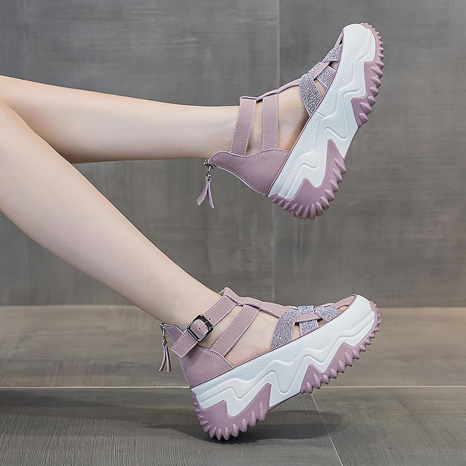 Chunky Platform Sneakers for Women Sneaker Sandals with Back Zipper Rhinestones