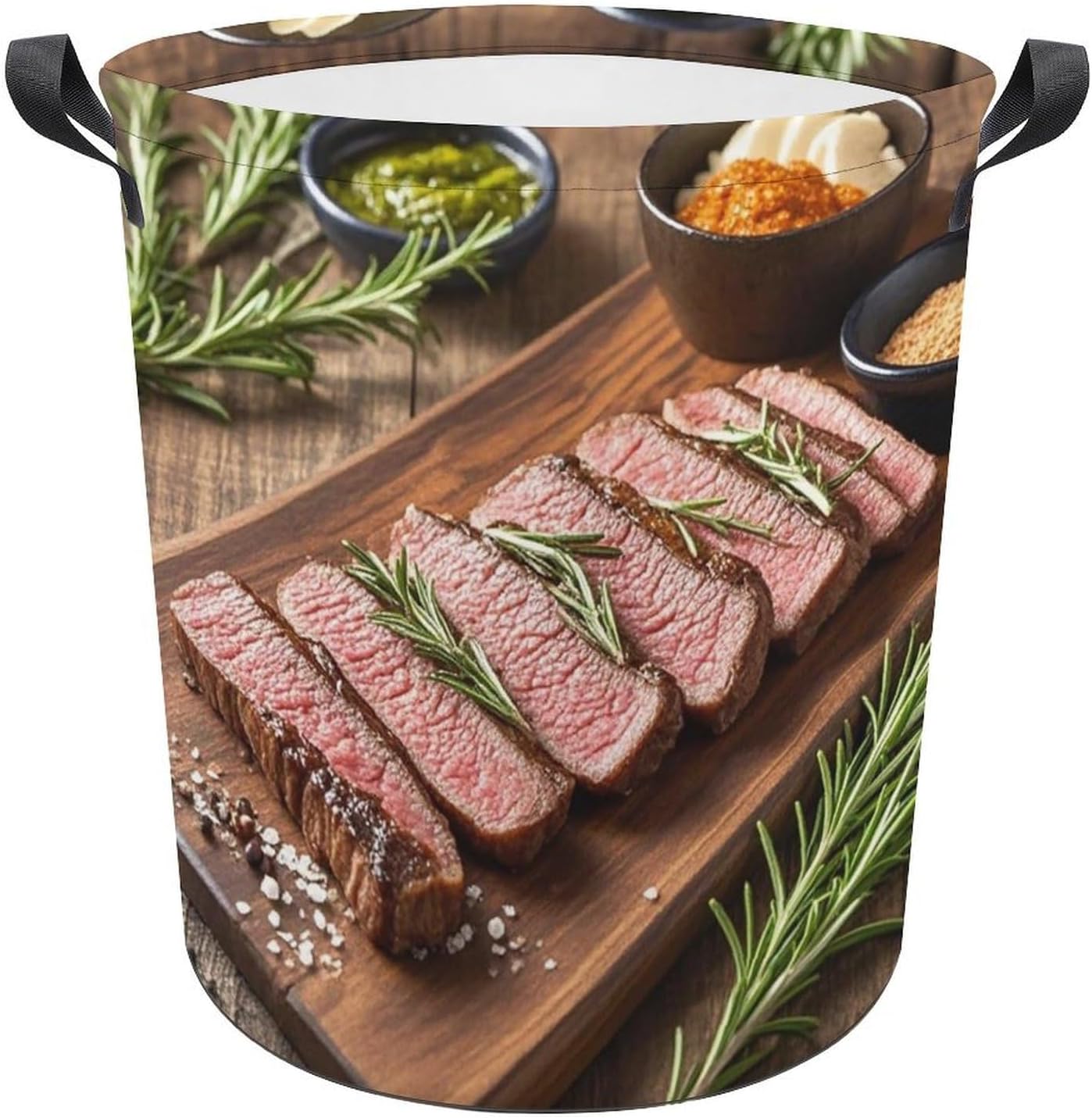 13.8 × 13.8 × 17.3 Inches Collapsible Laundry Baskets Rosemary Steak Printed Waterproof Laundry Hamper Foldable Dirty Clothes Storage Bin for Bathroom Bedroom Office
