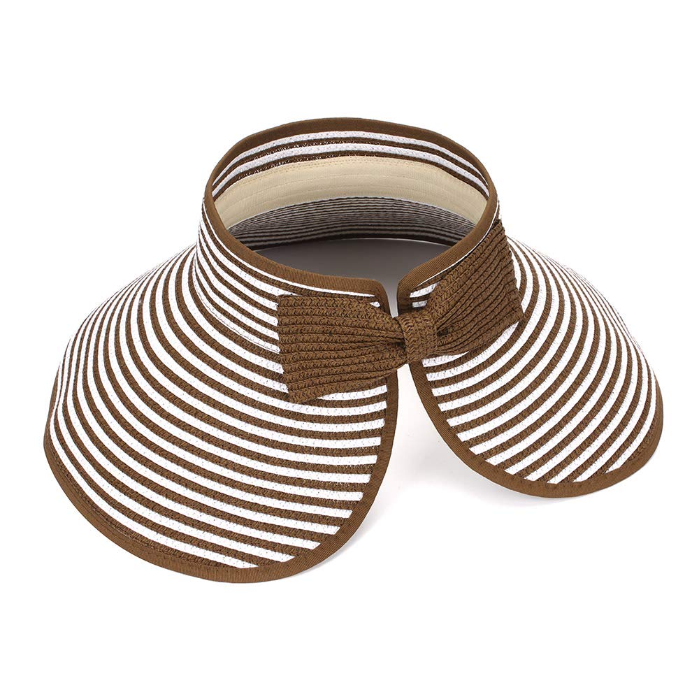 MK MATT KEELY Large Beach Straw Sun Hats Women Foldable Wide Brim Hat for Ladies Visor Cap Bucket with Bowknot Brown Strip