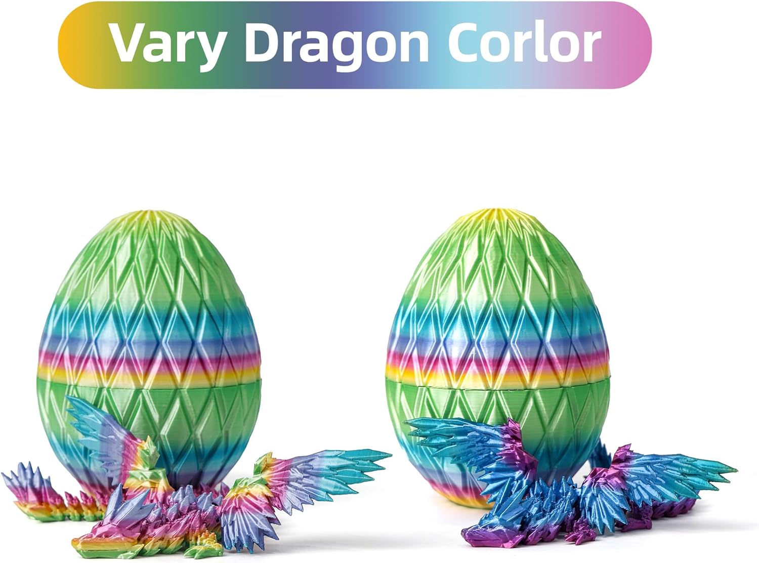 3D Printed Flying Dragon Egg - 7" Winged Dragon in Diamond Easter Eggs, Flexible Crystal Animal Inside, Mystery 3D Gift, Desk Decoration, Fidget Toy (Multicolored Rainbow)