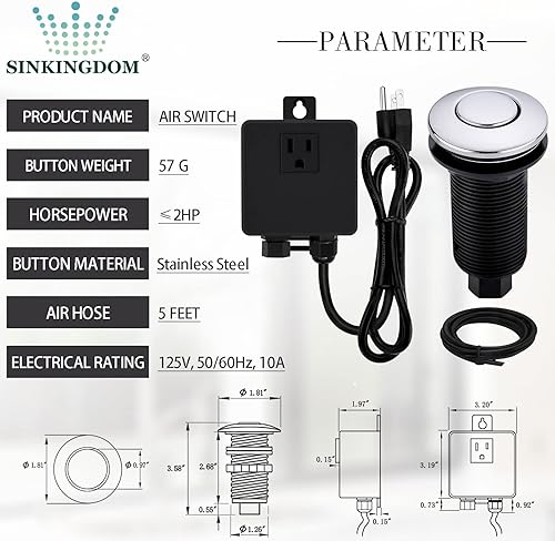 Miniatura 9 de SINKINGDOM Kit de interruptor de aire para eliminación de basura con botón de acero inoxidable, color dorado champán