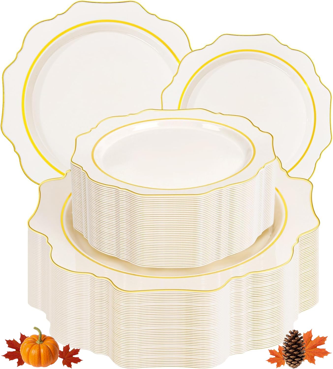 WDF 100PCS Ivory Plastic Plates with Gold Rim - Cream Plastic Plates