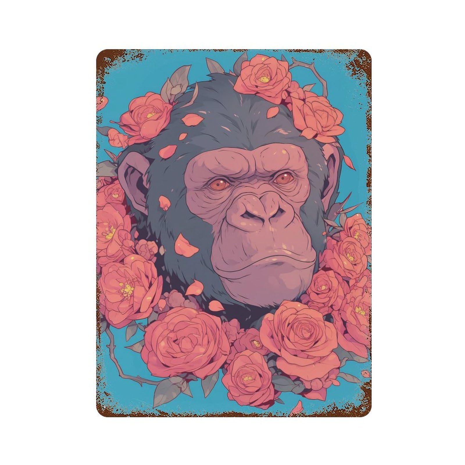 Rusty Metal Tin Sign with Chimpanzee with Roses Digital Art Design 15.7"x11.8", for Farmhouse, Kitchen And Entryway Decor, Rustic Home Decor