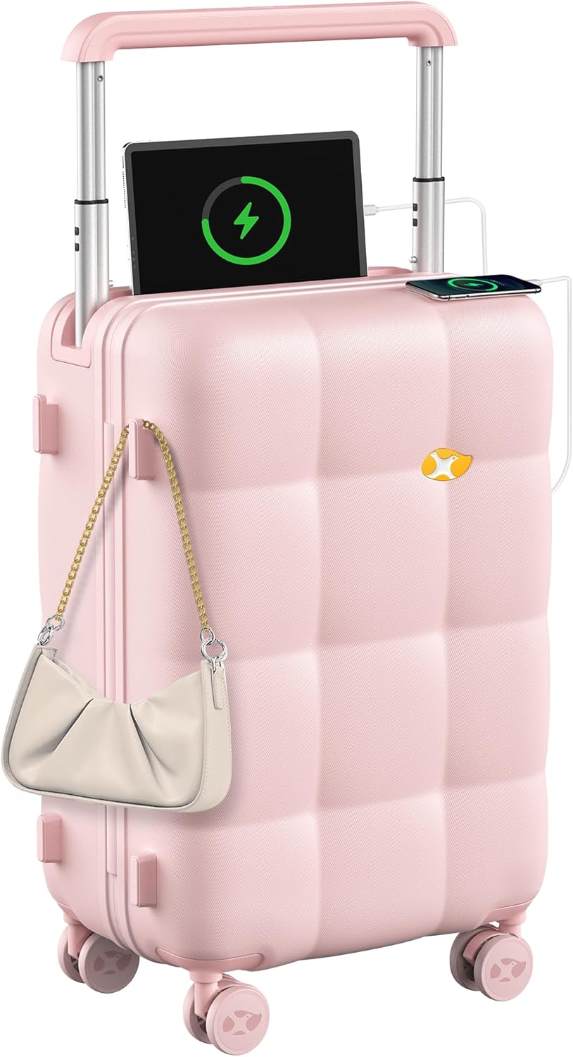 MGB Carry On Luggage Airline Approved 20'' Lightweight Luggage Wide Handle PC Hardshell Suitcases with Spinner Wheels & TSA Lock, Pink