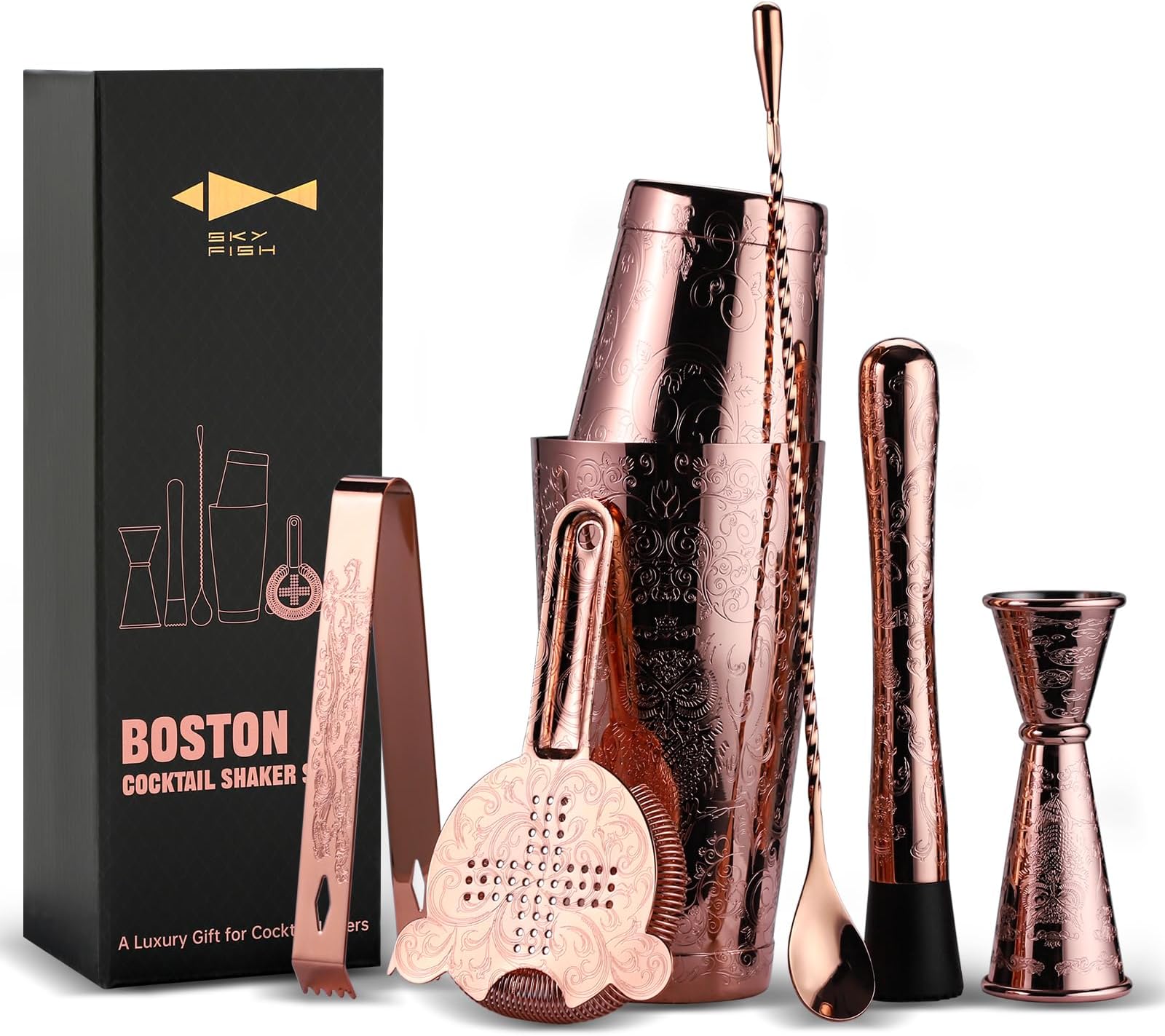 SKY FISH Cocktail Shaker Set, Etching Boston Cocktail Making Set, 7-piece Luxury Bartender Kit in Gift Box, Copper Plated Barware Kits, Handwash (Rose gold)
