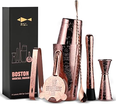 SKY FISH Cocktail Shaker Set, Etching Boston Cocktail Making Set, 7-piece Luxury Bartender Kit in Gift Box, Copper Plated Barware Kits, Handwash Rose gold