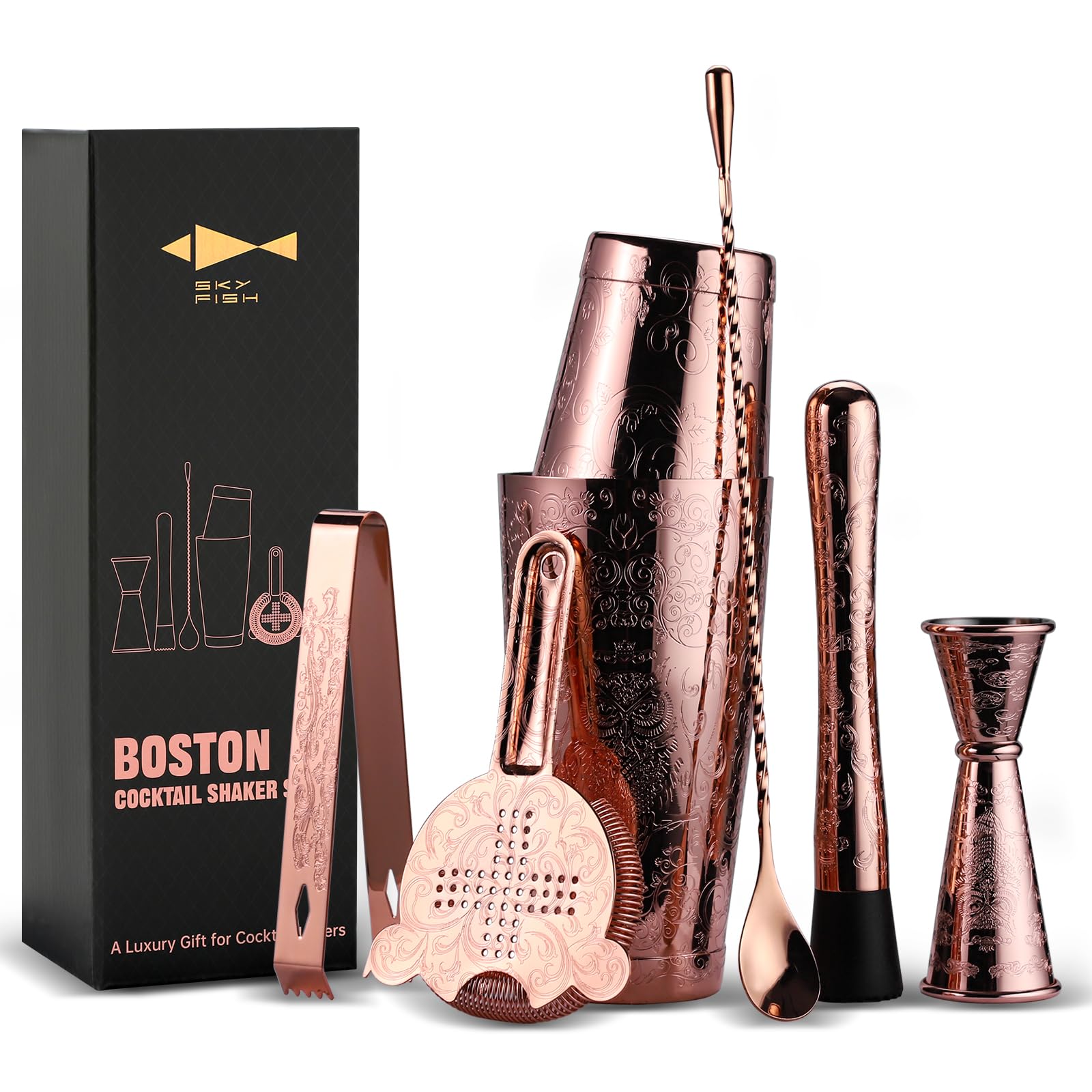 SKY FISH Cocktail Shaker Set, Ätzung Kupfer Cocktail Shaker Kit in Geschenkbox 7er Set, Handwäsche, (Kupfer)
