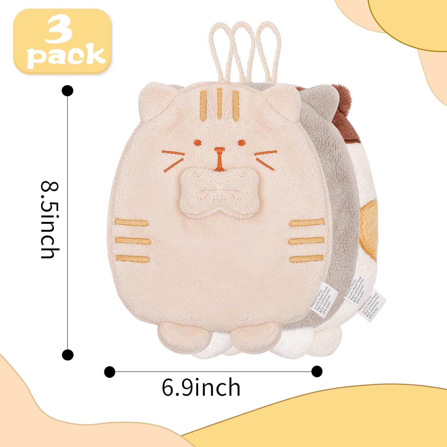 3 Pack Cute Cat Hand Towels, Bathroom Towels with Hanging Loop, Children Hand Towel Animals, Microfiber Coral Fleece Absorbent Hand Towel for Kitchen Bathroom Bedroom (3CAT) - Image 2