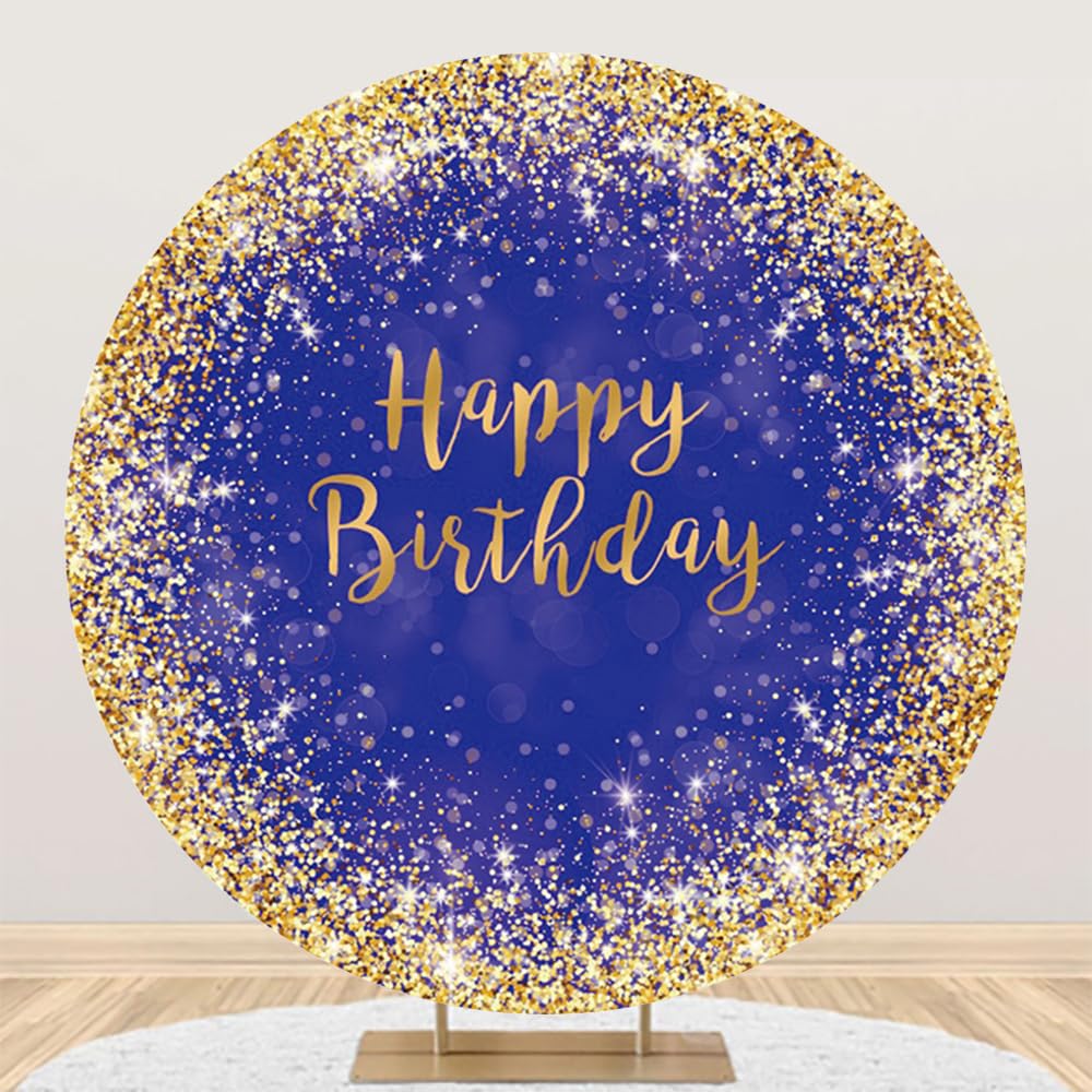 Diametro 2,3m Buon Compleanno Sfondo Rotondo Oro Glitter Dots Royalblue Sfondo per la Fotografia Festa di Compleanno Baby Shower Decorazione Photo Booth Oggetti di Scena, Poliestere