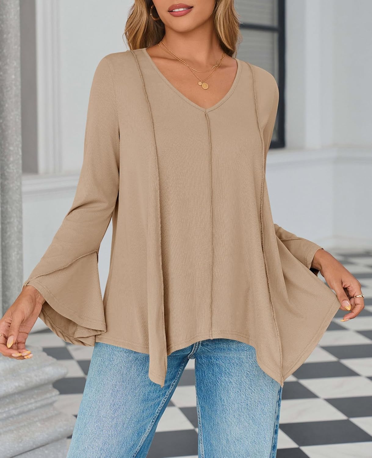 Tankaneo Womens Long Bell Sleeve Tops V Neck Asymmetrical Hem Ribbed Shirts Flowy Trendy Loose Fit Tees Tunic Shirts - Image 4