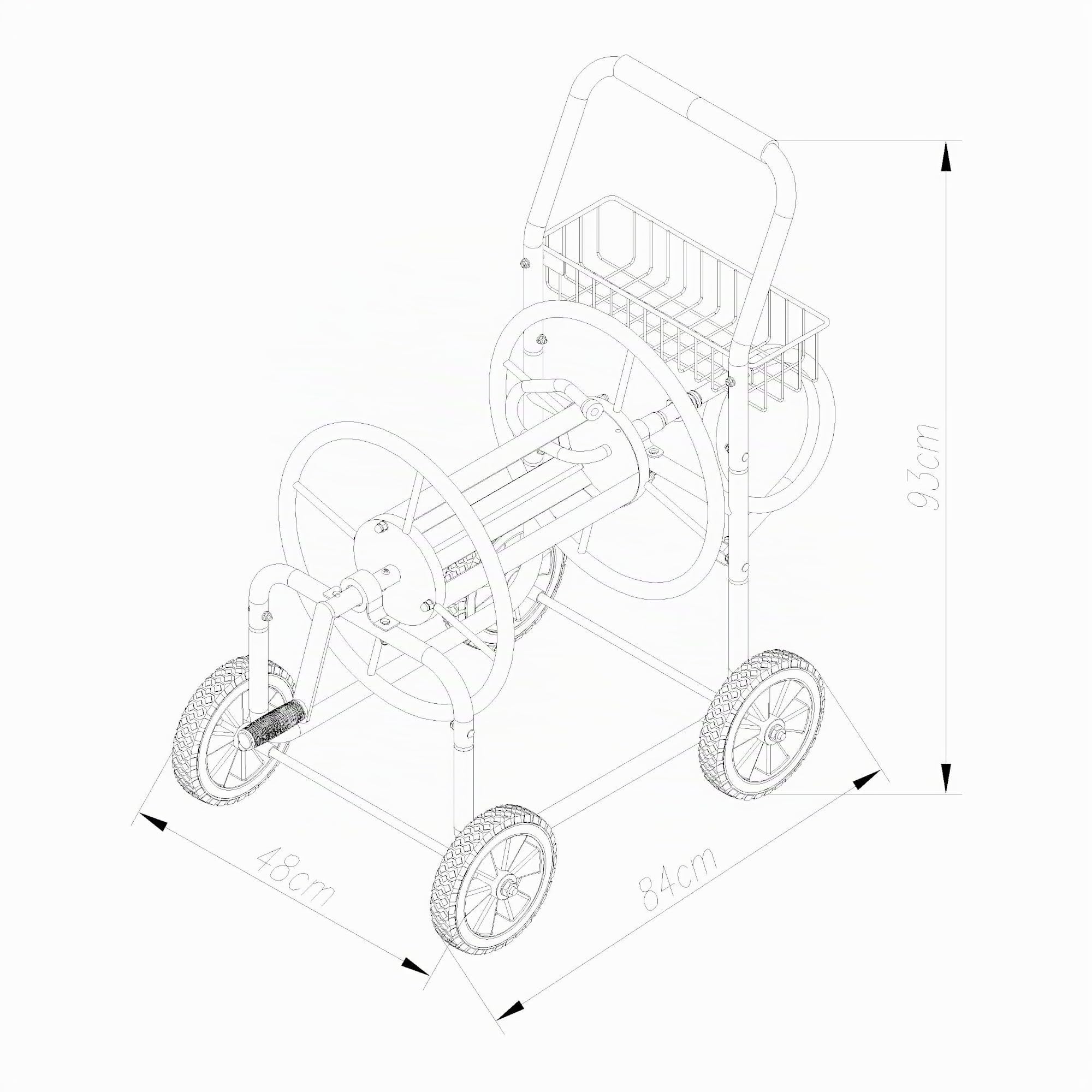 pro.tec Schlauchwagen für 3/4 Zoll Schlauch bis zu 65 m Metall Gartenschlauchwagen ohne Schlauch Schlauchtrommel mit Reifen rollbar Schlauchaufroller mit Handkurbel 84 x 48 x 93 cm Grau