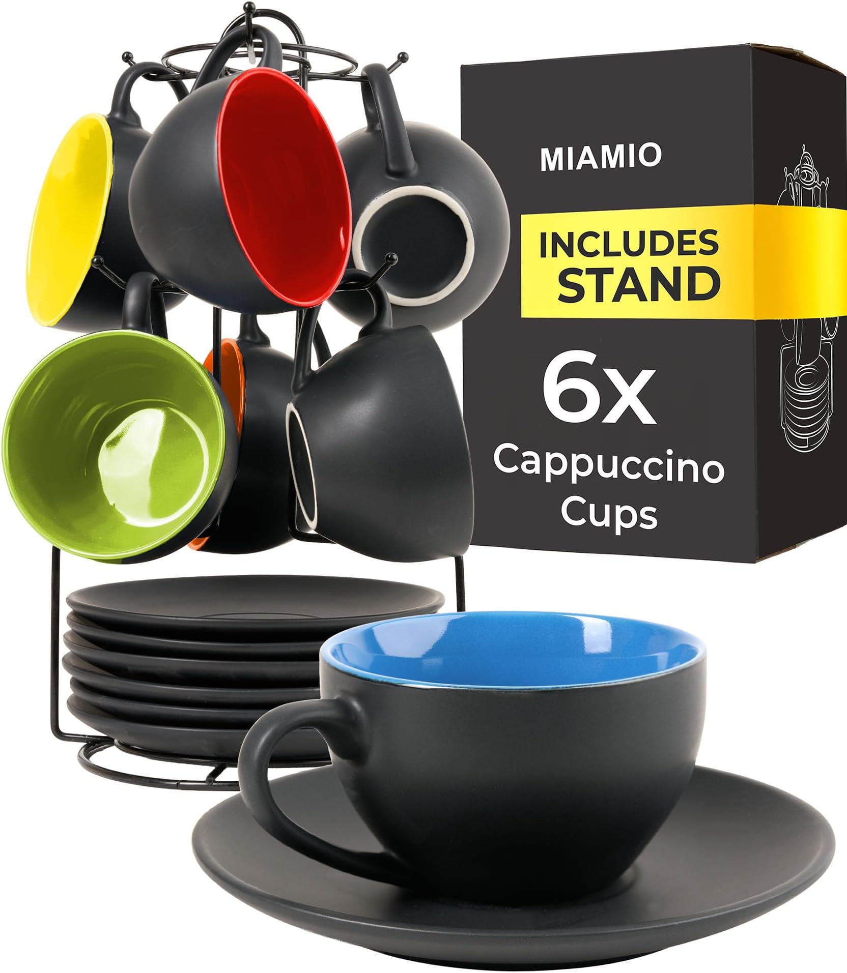 Set of 6, Ceramic Stackable Cappuccino Cups Set / 175 ml Cappuccino Mugs and Saucer with Metal Stand for Coffee Drinks Cafe Latte Americano and Tea - Le Papillon Collection