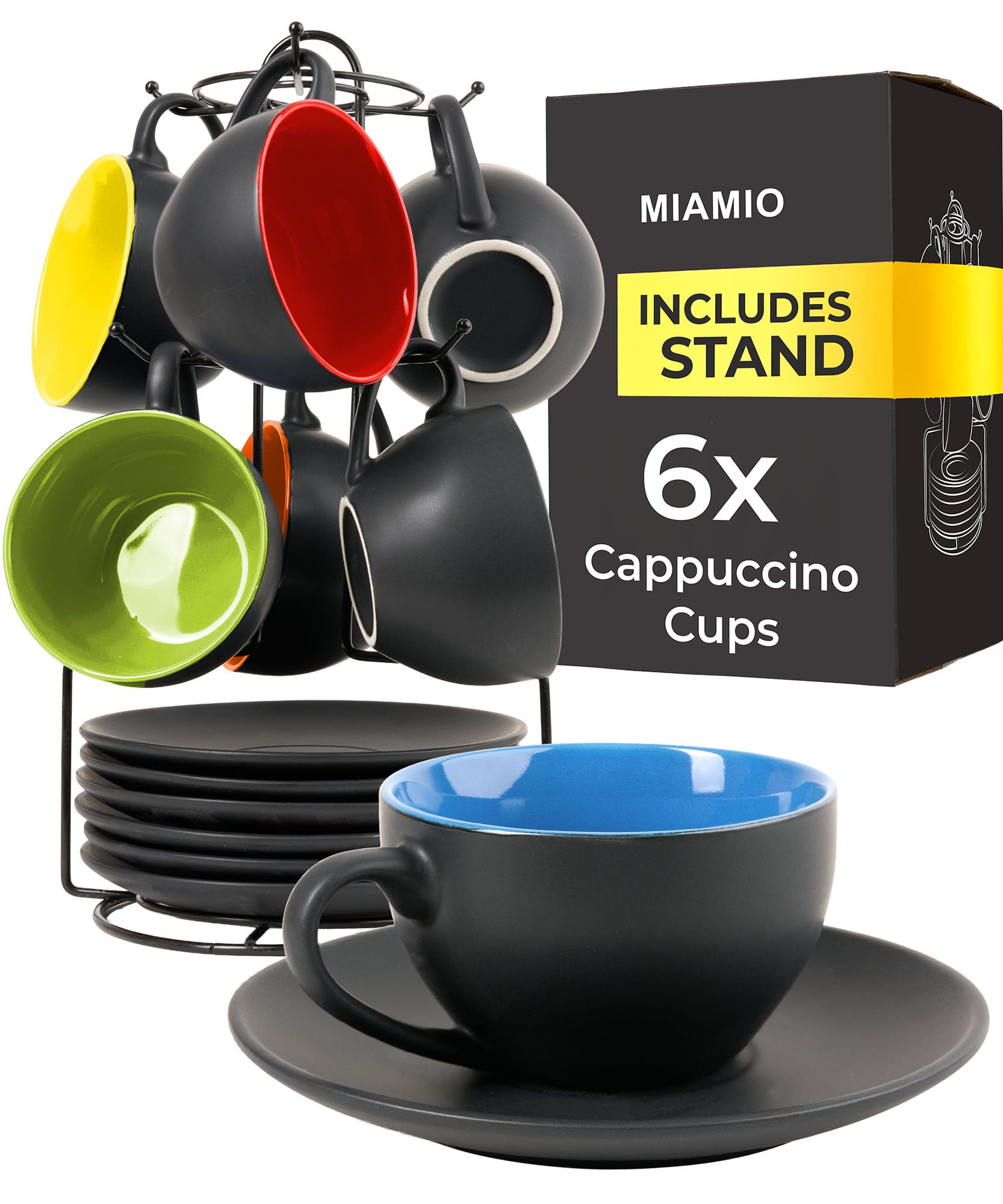 MIAMIO - Set of 6, Ceramic Stackable Cappuccino Cups Set / 175 ml Cappuccino Mugs and Saucer with Metal Stand for Coffee Drinks, Cappuccino, Latte, Americano and Tea - Le Papillon Collection (Mixed)