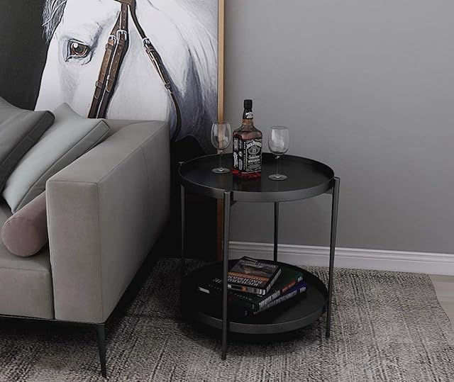 EasyChic Industrial Nordic Metal 2Tier Sofa Side Table Coffee Table Bedside Lamp Table (Black) -Improved version