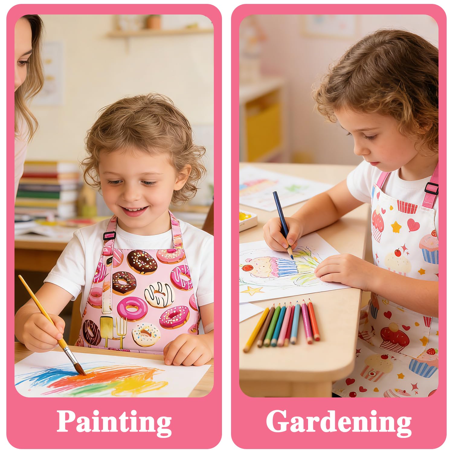 MOTIBACK 2Pcs Kids Aprons for Cooking Adjustable Children's Waterproof Play Aprons, Pink Donut & Cake Design - Image 3