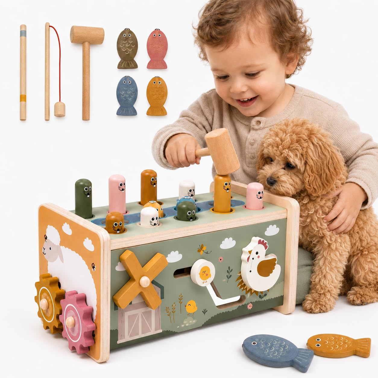 Montessori - Juguete de madera para niños a partir de 2 años, 7 en 1, juego de martillo con imán de pesca, juguete de habilidades motoras de madera, juguete educativo para niños pequeños
