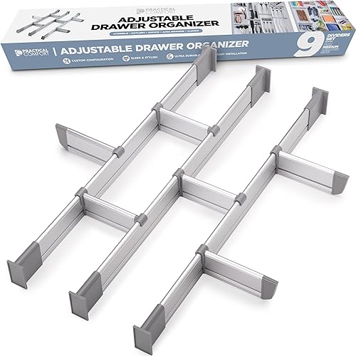 Practical Comfort Organizador de cajones de aluminio para utensilios de cocina, cubiertos, juego de 9 divisores, tamaño mediano, versión mejorada