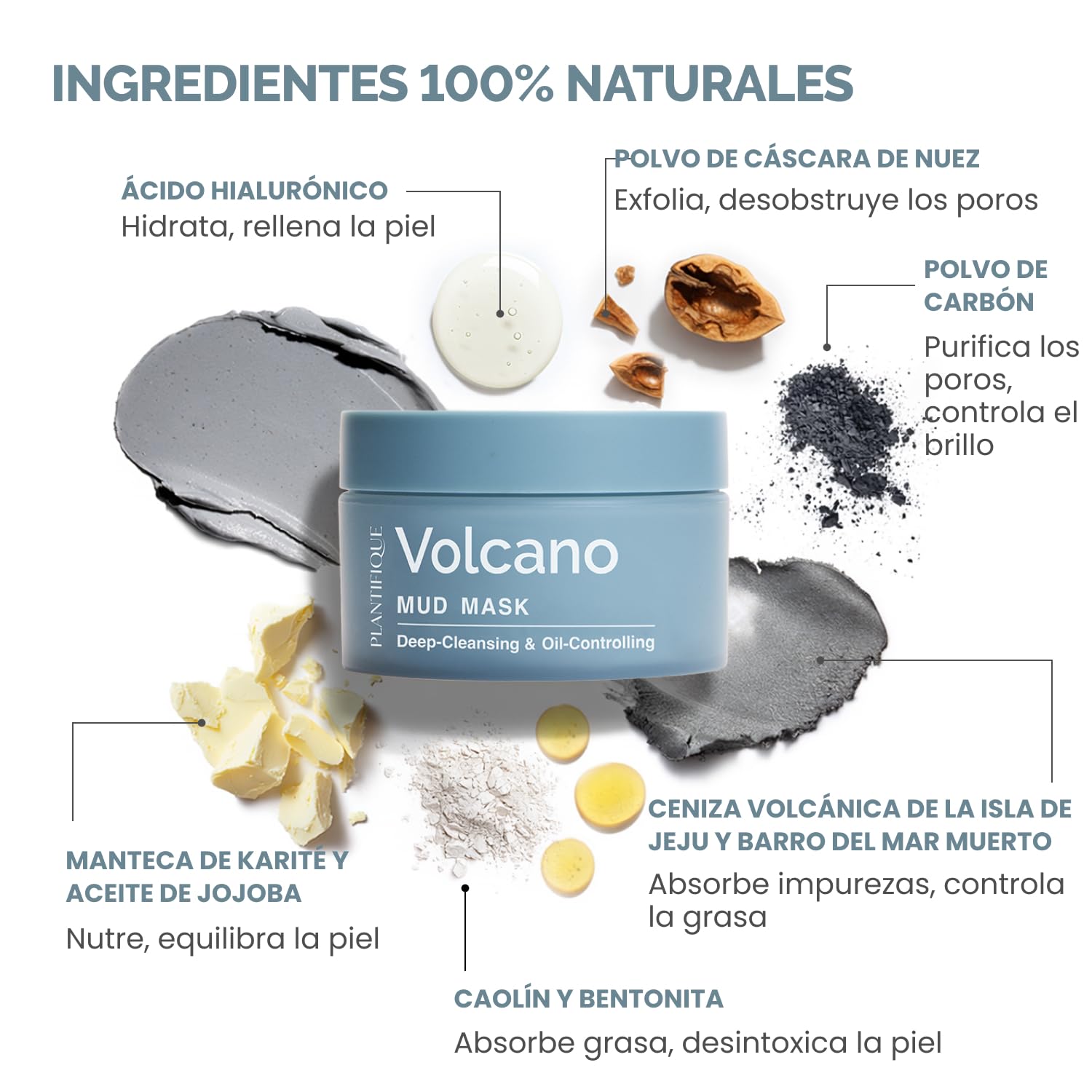 PLANTIFIQUE Mascarilla Facial Coreana Arcilla Volcánica y Mar Muerto – Mascarilla Rostro Carbón, Ácido Hialurónico, Aceite de Jojoba y Manteca de Karité – Purifica, Refina Poros, Hidrata y Calma, 110g