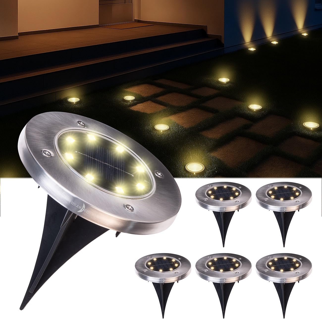 Lunartec Erdspieß-Bodenleuchten: 12er-Set Akku-Solar-Bodenleuchten, Edelstahlgehäuse, 8 LEDs, wamweiß (Solarleuchten Garten Boden, LED-Solar-Bodenstrahler, Beleuchtung)