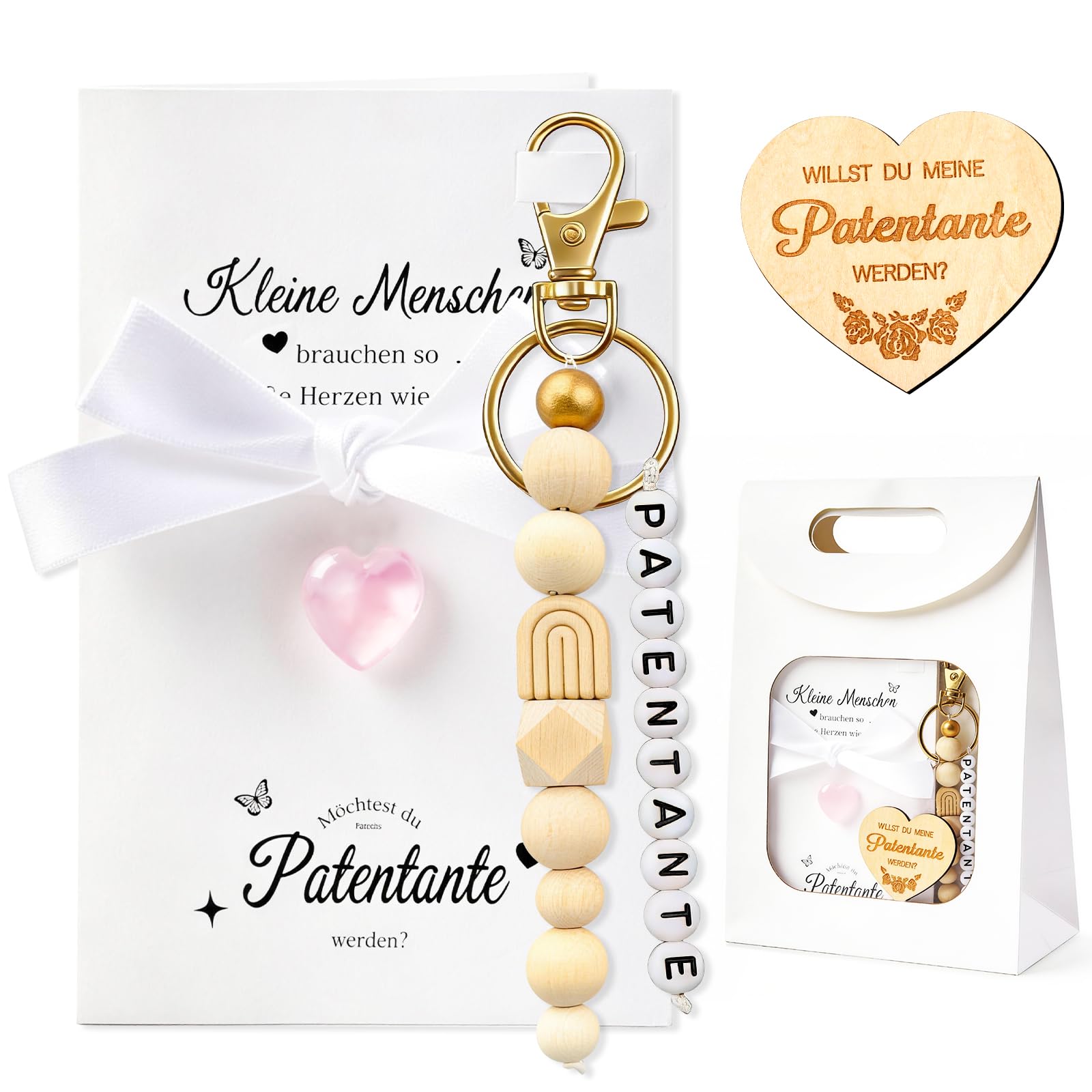 Anruzon Geschenk für Patentante mit Grußkarten Geschenktüten Holzschilder Schlüsselanhänger - Willst du Meine Patentante Sein - Taufpatin Fragen Geschenk für Frauen Mädchen Ehefrau Beste Freundin