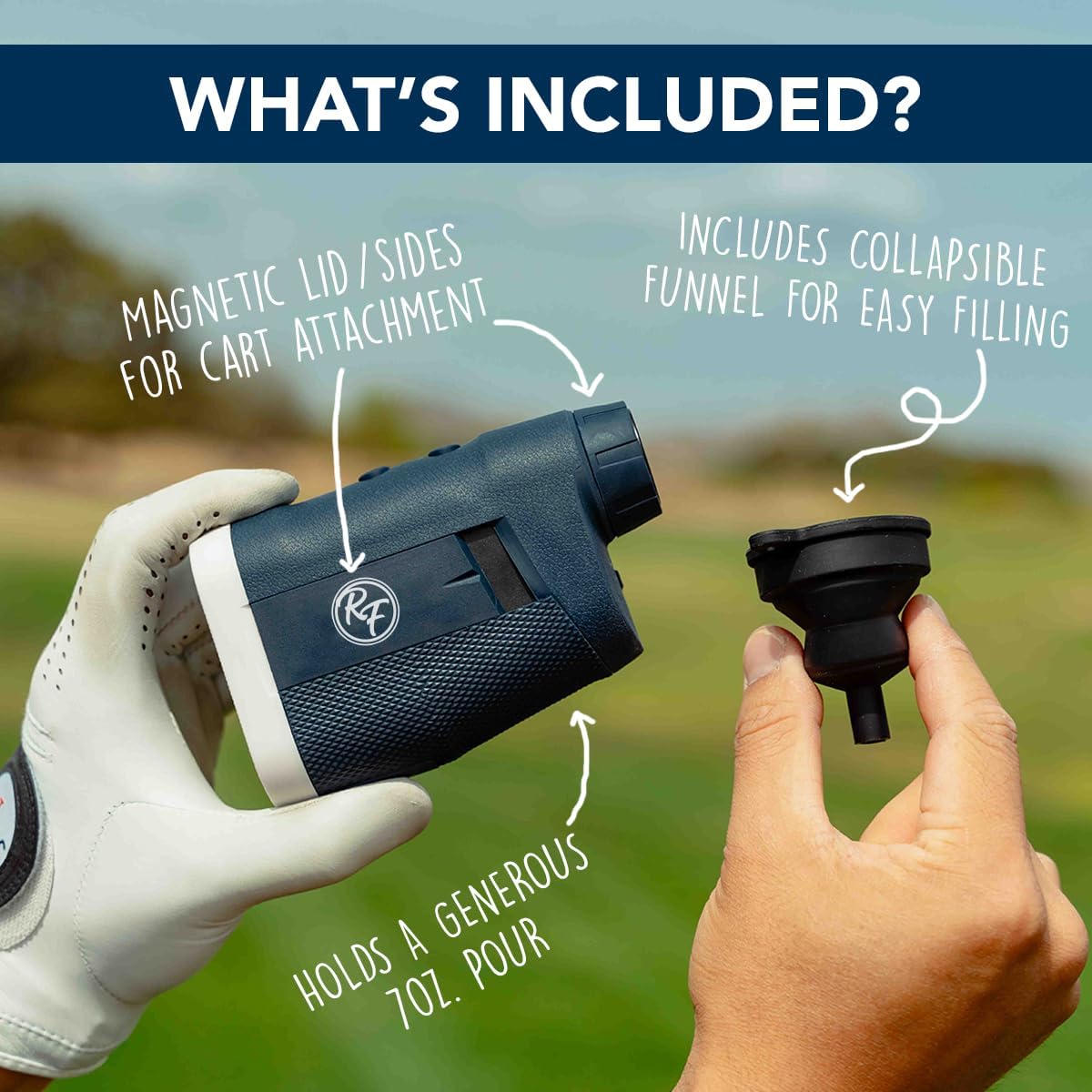 Range Flask – Golf Flask Shaped Like a Rangefinder, 7oz Stainless Steel Interior with Magnetic Cap & Sides, Collapsible Funnel Included – Portable Gift for Men and Golfers
