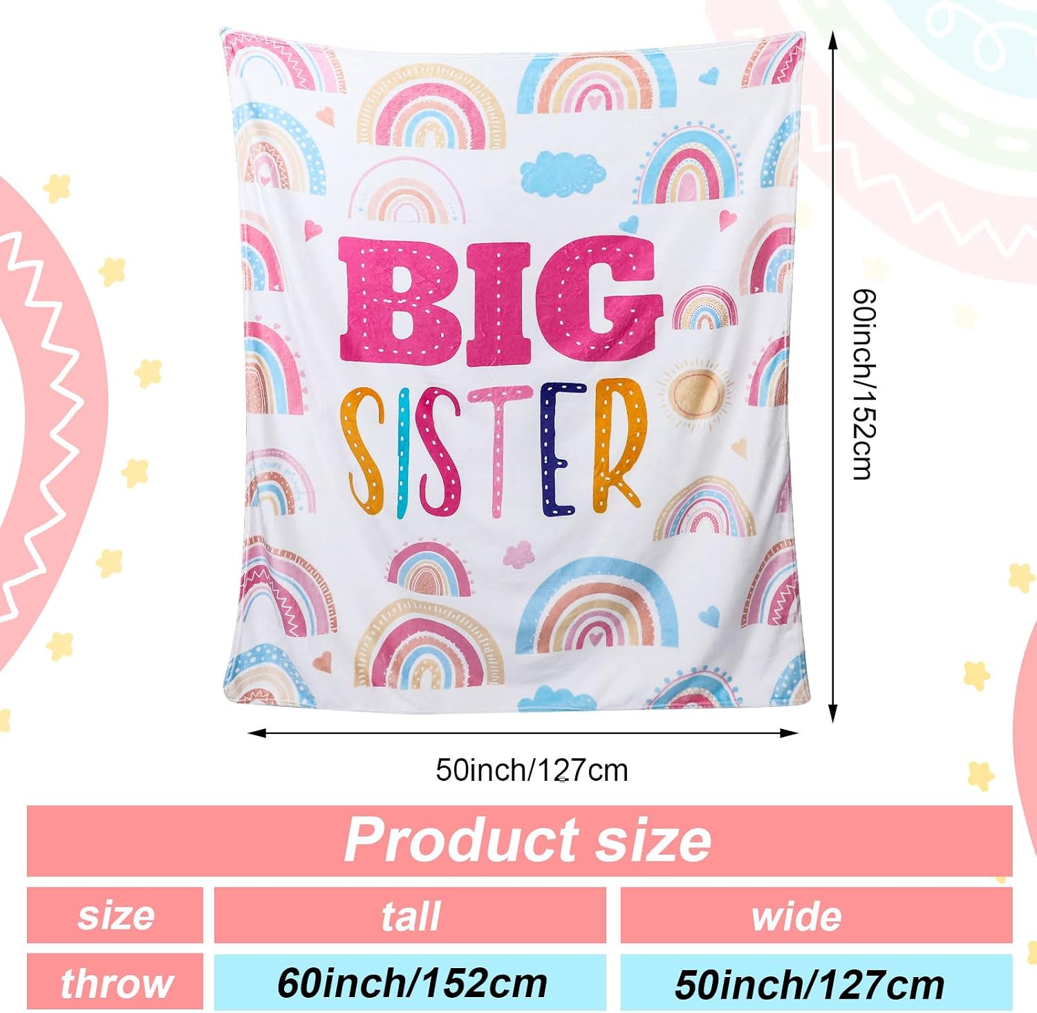 60" x 50" Sisters Gift Big Sister Blanket Soft Warm Flannel Throw Blanket Pastel Rainbow Sis to Be Announcement New Big Sis Gift for Baby Shower Birthday Party Supplies