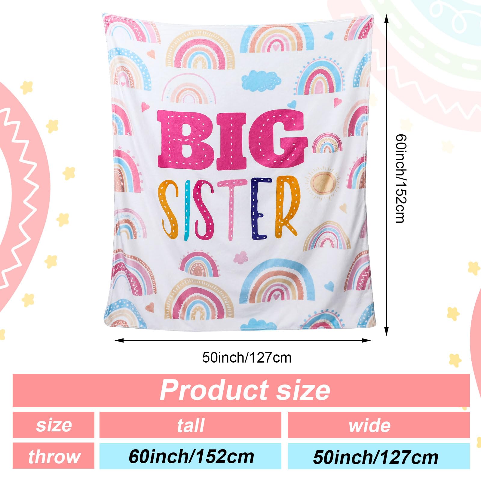 Buryeah 60" x 50" Sisters Gift Big Sister Blanket Soft Warm Flannel Throw Blanket Pastel Rainbow Sis to Be Announcement New Big Sis Gift for Baby Shower Birthday Party Supplies